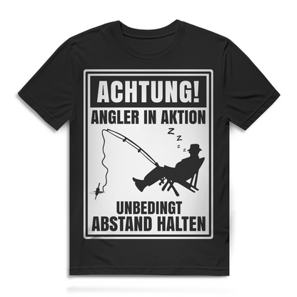 Herren Premium Bio Shirt „Achtung! Angler in Aktion“ Lustiges abstand halten Angelshirt Black