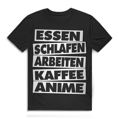Lustiges Anime Shirt – Kaffee, Arbeit &amp; Otaku Lifestyle in 5 Wörtern Black