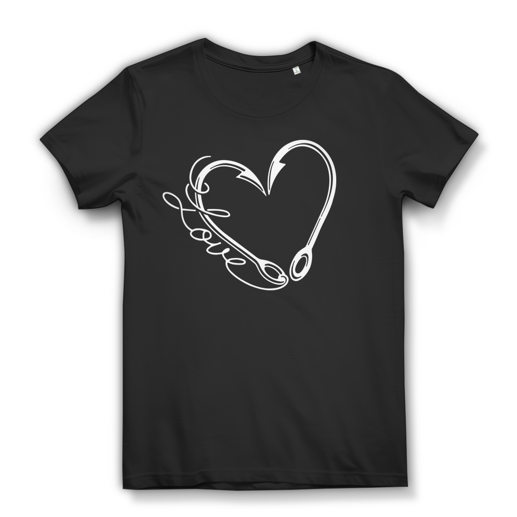 Anglerin Shirt Damen – Herz aus Angelhaken – Liebe zum Angeln Bio T-Shirt Black