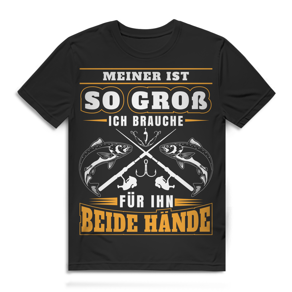 Meiner ist so groß – Lustiges Angler T-Shirt mit Spruch – Bio Baumwolle Herren Black
