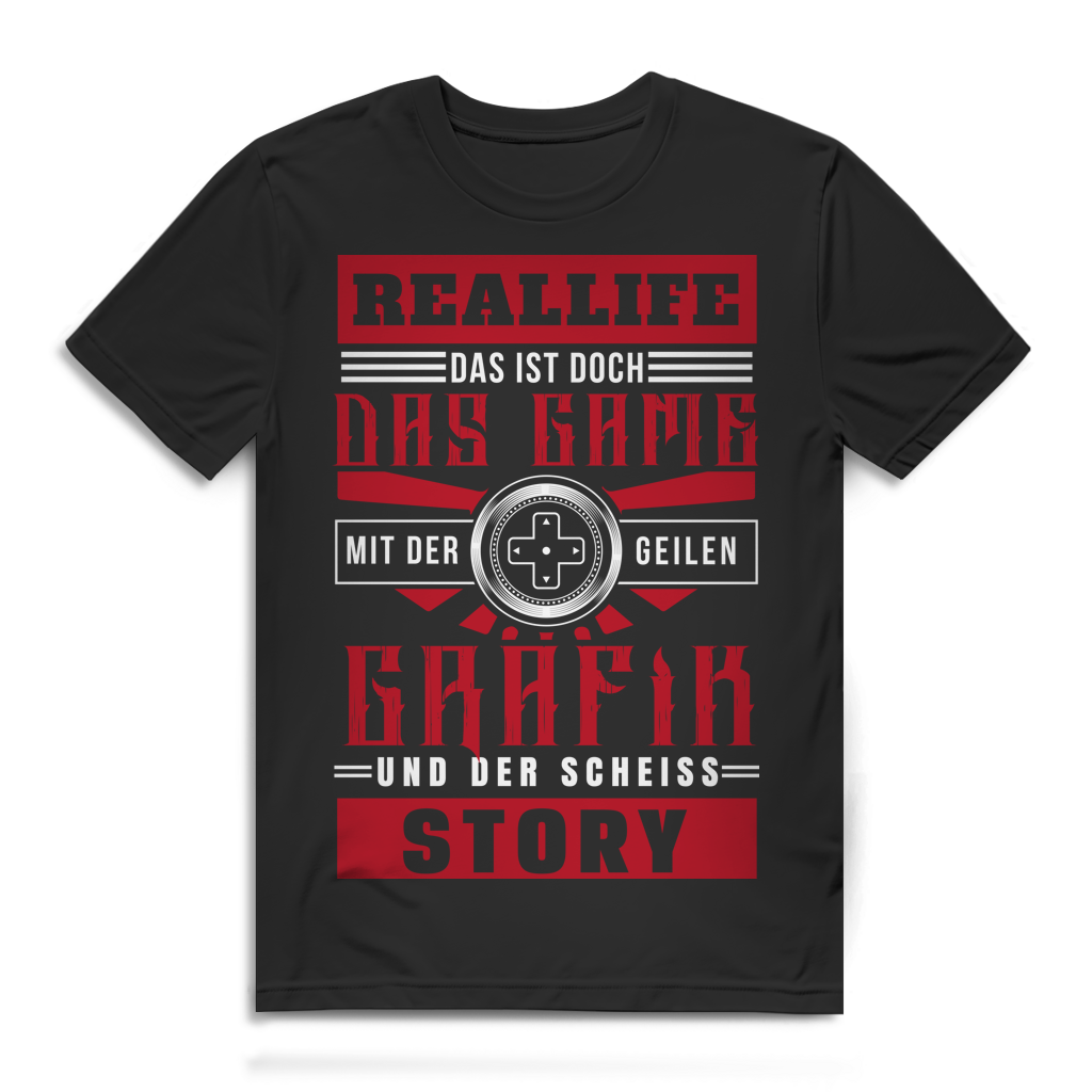 Zocker Shirt Bio Baumwolle – Real Life Grafik Top, Story Flop – Funshirt Männer Black