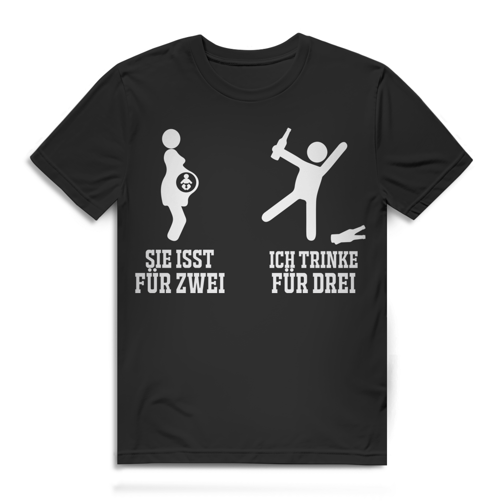 Schwangerschaft Shirt Mann – Sie isst für zwei Ich trinke für drei – Fun T-Shirt Black