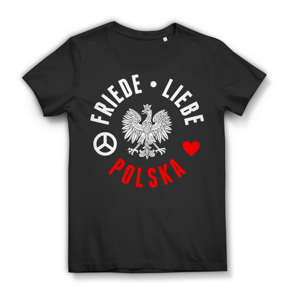 Heimatliebe Polen Damen T-Shirt – Polska Motiv mit Herz und Friedenszeichen Black
