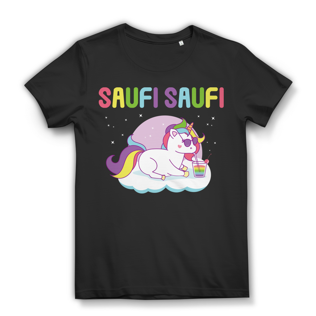 Saufi Saufi Einhorn Shirt Damen – Lustiges Partyshirt mit Regenbogen Drink Black
