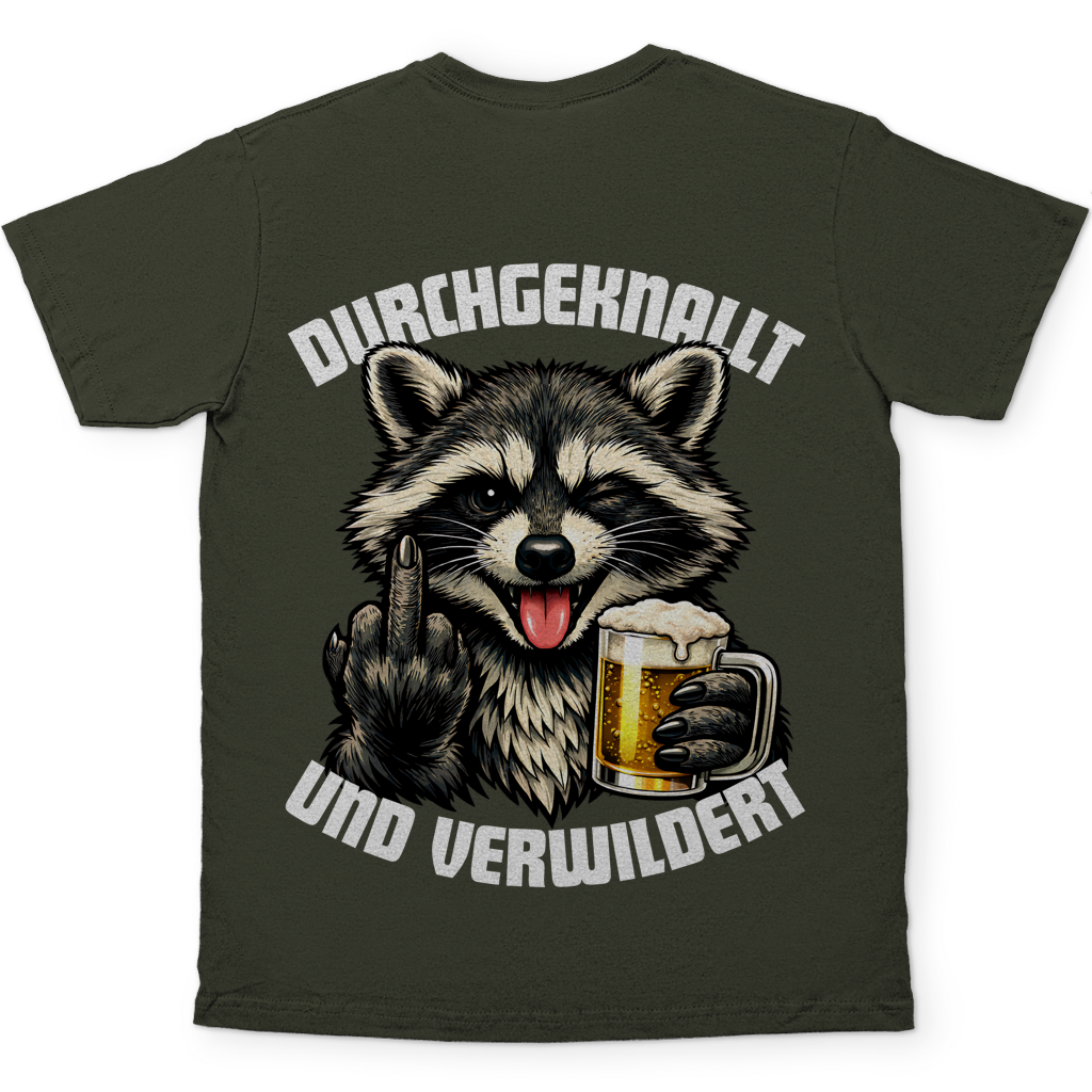 Durchgeknallt und verwildert Bier Mittelfinger Waschbär - Herren T-Shirt Urban Khaki