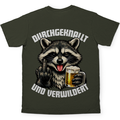 Durchgeknallt und verwildert Bier Mittelfinger Waschbär - Herren T-Shirt Urban Khaki
