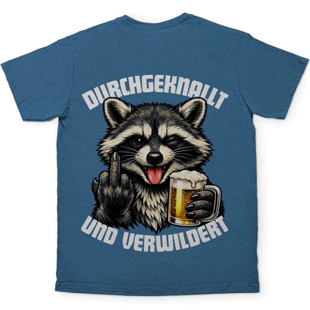 Durchgeknallt und verwildert Bier Mittelfinger Waschbär - Herren T-Shirt Stone Blue