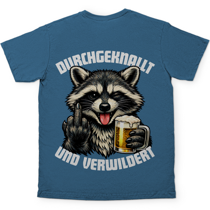 Durchgeknallt und verwildert Bier Mittelfinger Waschbär - Herren T-Shirt Stone Blue