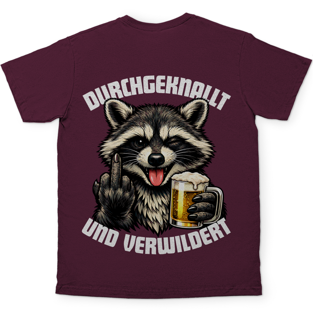 Durchgeknallt und verwildert Bier Mittelfinger Waschbär - Herren T-Shirt Burgundy