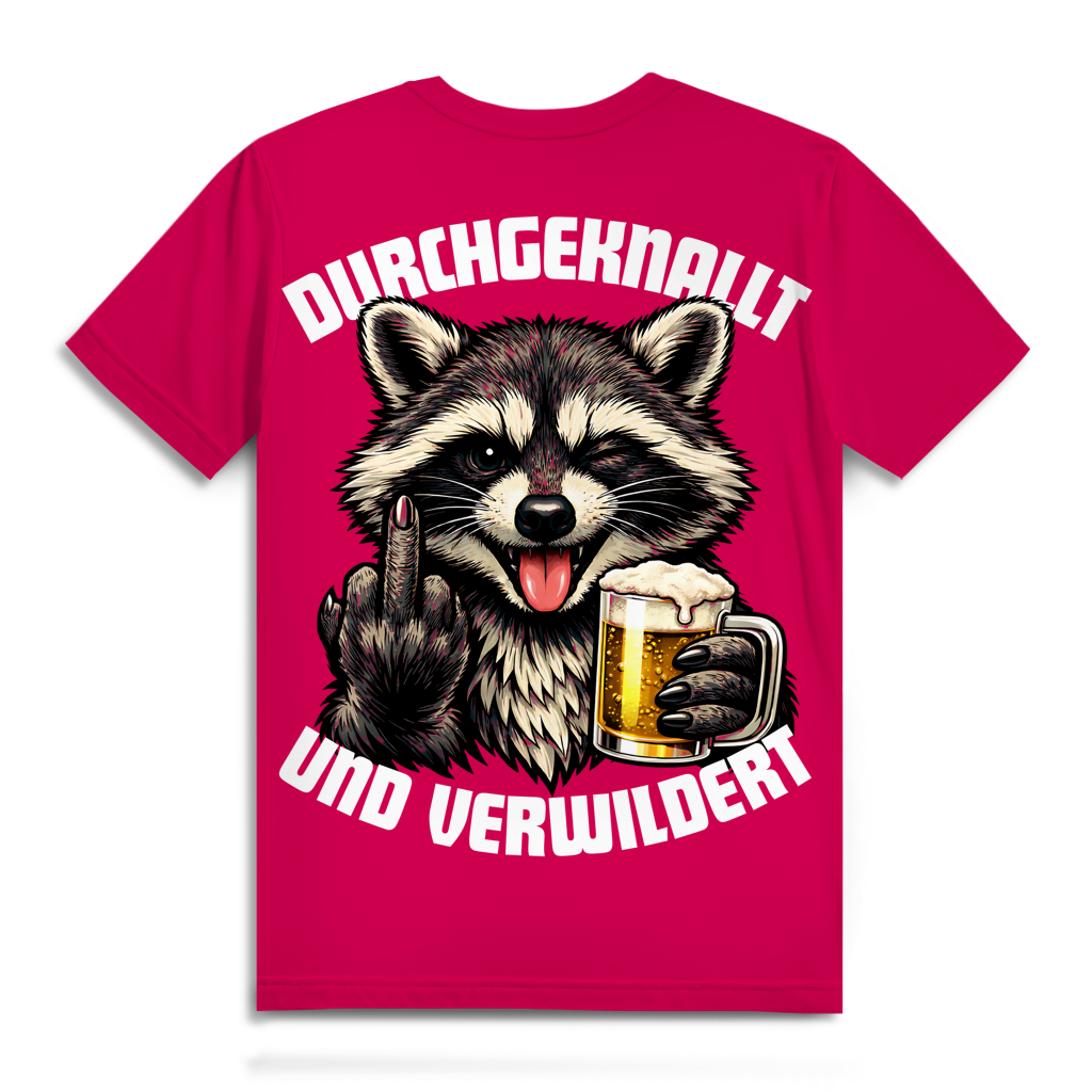Durchgeknallt und verwildert Bier Mittelfinger Waschbär - Herren Premium Bio T-Shirt Fuchsia