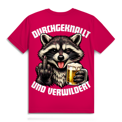 Durchgeknallt und verwildert Bier Mittelfinger Waschbär - Herren Premium Bio T-Shirt Fuchsia