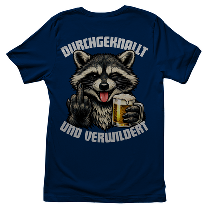 Durchgeknallt und verwildert Bier Mittelfinger Waschbär - Damen T-Shirt Navy