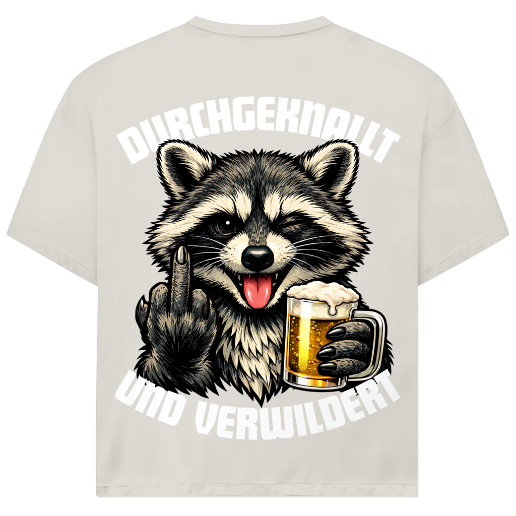 Durchgeknallt und verwildert Bier Mittelfinger Waschbär - Jack and Jones Oversize T-Shirt Egret