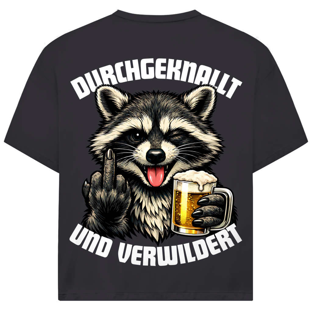 Durchgeknallt und verwildert Bier Mittelfinger Waschbär - Jack and Jones Oversize T-Shirt Asphalt