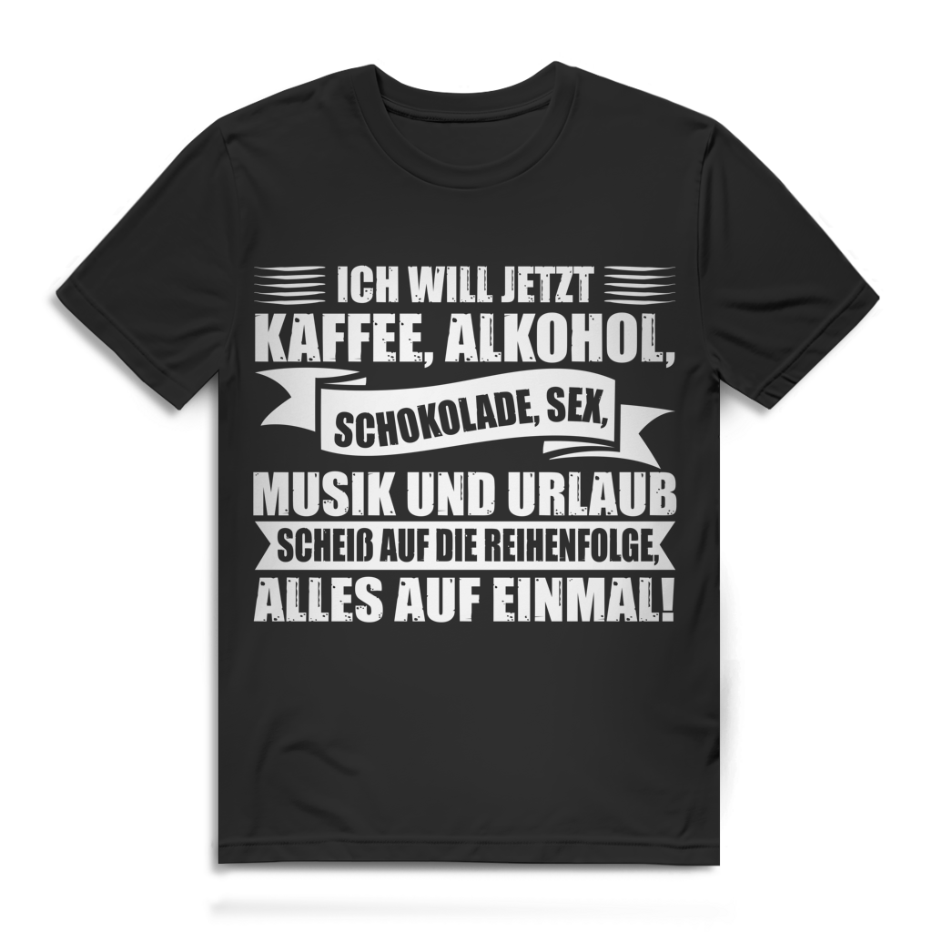 Herren T-Shirt Kaffee Alkohol Schokolade Sex Musik Urlaub Bio Baumwolle Black