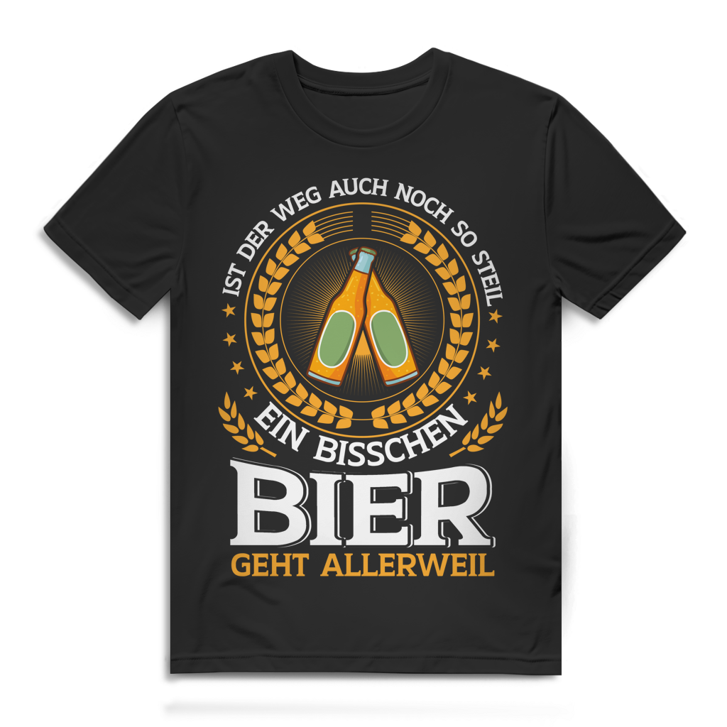 Herren T-Shirt Weg noch so steil ein Bier geht allerweil Bio Baumwolle Black