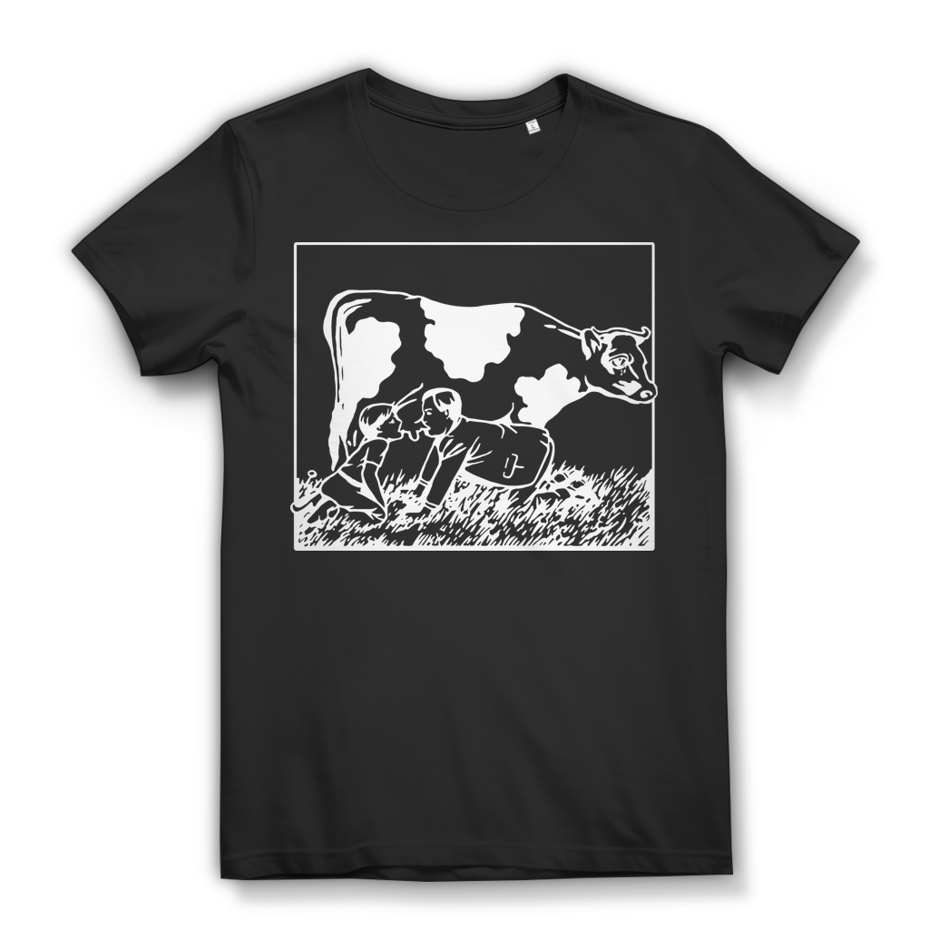 Kuh Melken Illustration Damen T-Shirt Vegan Milchindustrie Bio Baumwolle Black