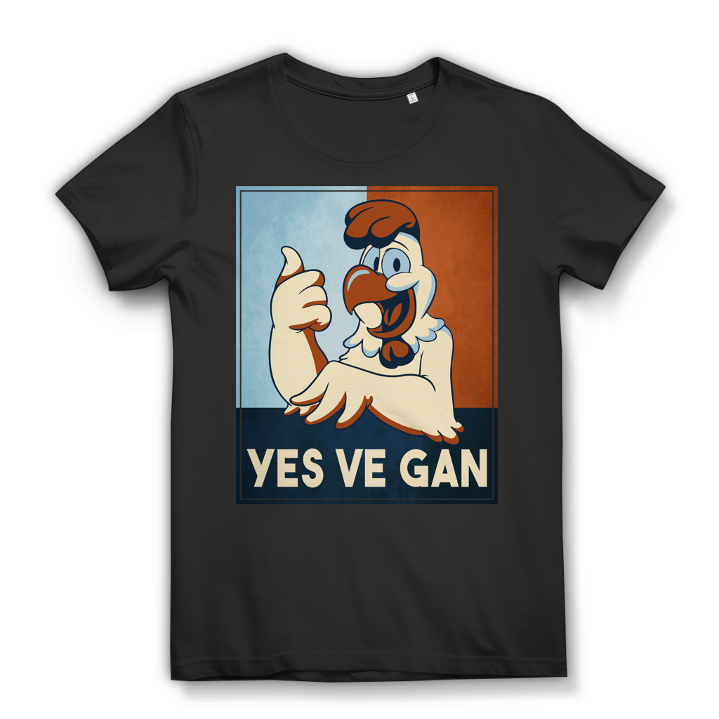 Yes Ve Gan Damen T-Shirt Vegan Huhn Retro Wortspiel Bio Baumwolle Black