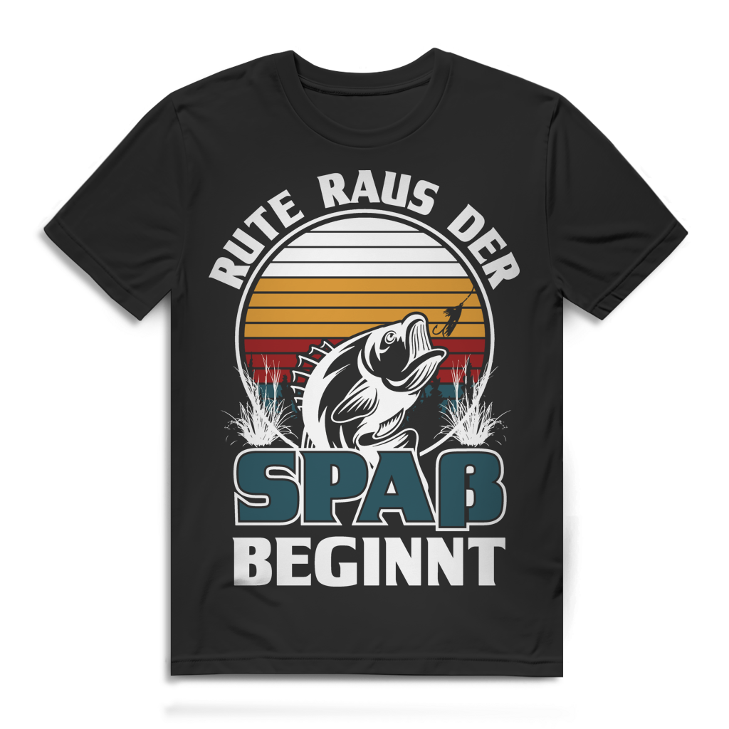 Rute raus der Spaß beginnt Herren T-Shirt Angler Vintage Bio Baumwolle Black
