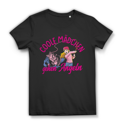 Coole Mädchen gehen Angeln Damen T-Shirt Anglerin Fischen Bio Baumwolle
