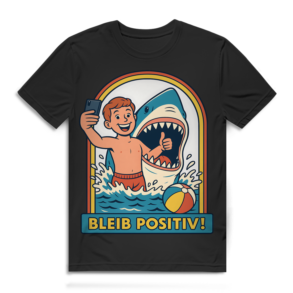 Bleib Positiv! Herren T-Shirt Hai Selfie Strand Retro Comic