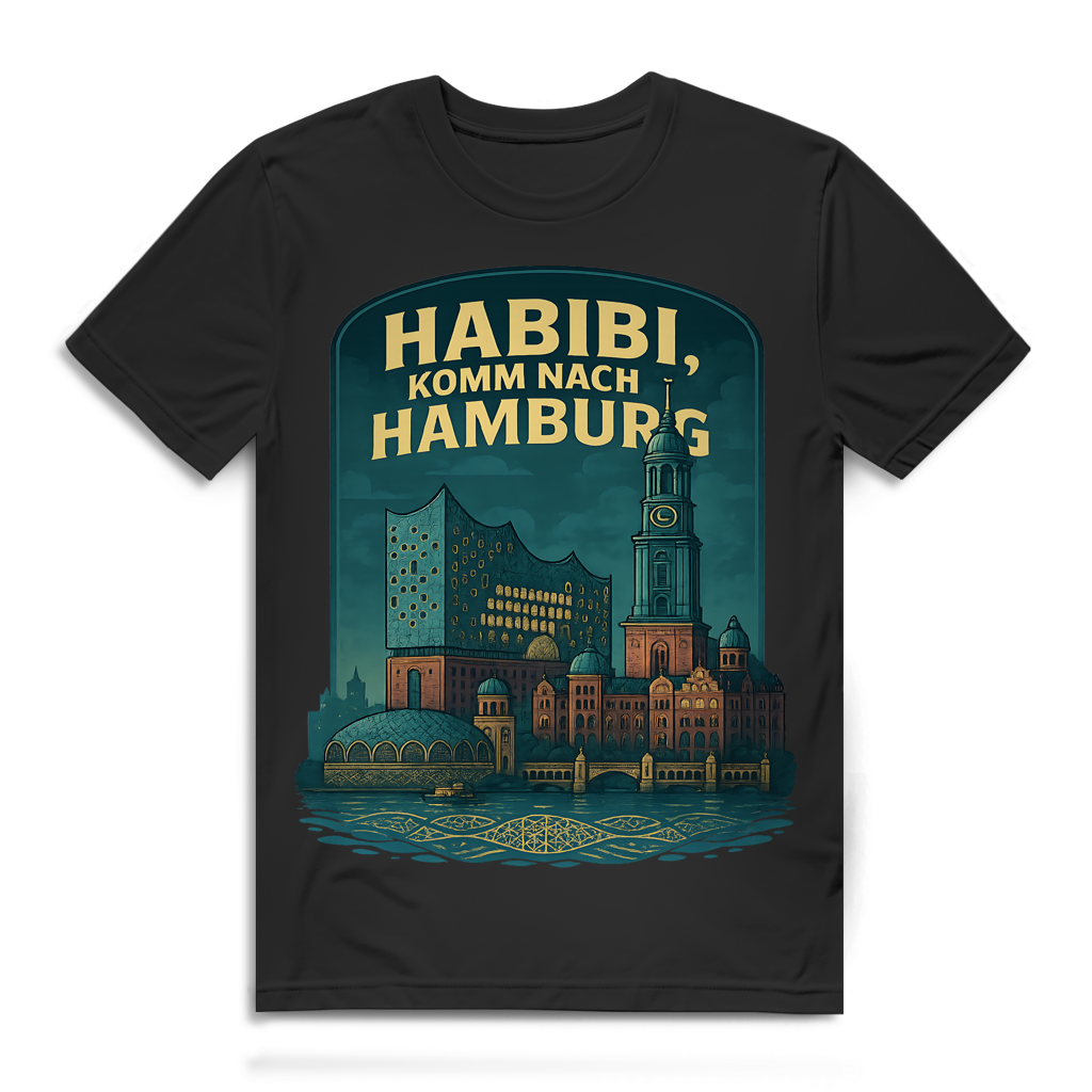 Habibi komm nach Hamburg Herren T-Shirt Skyline Hafen Michel Black