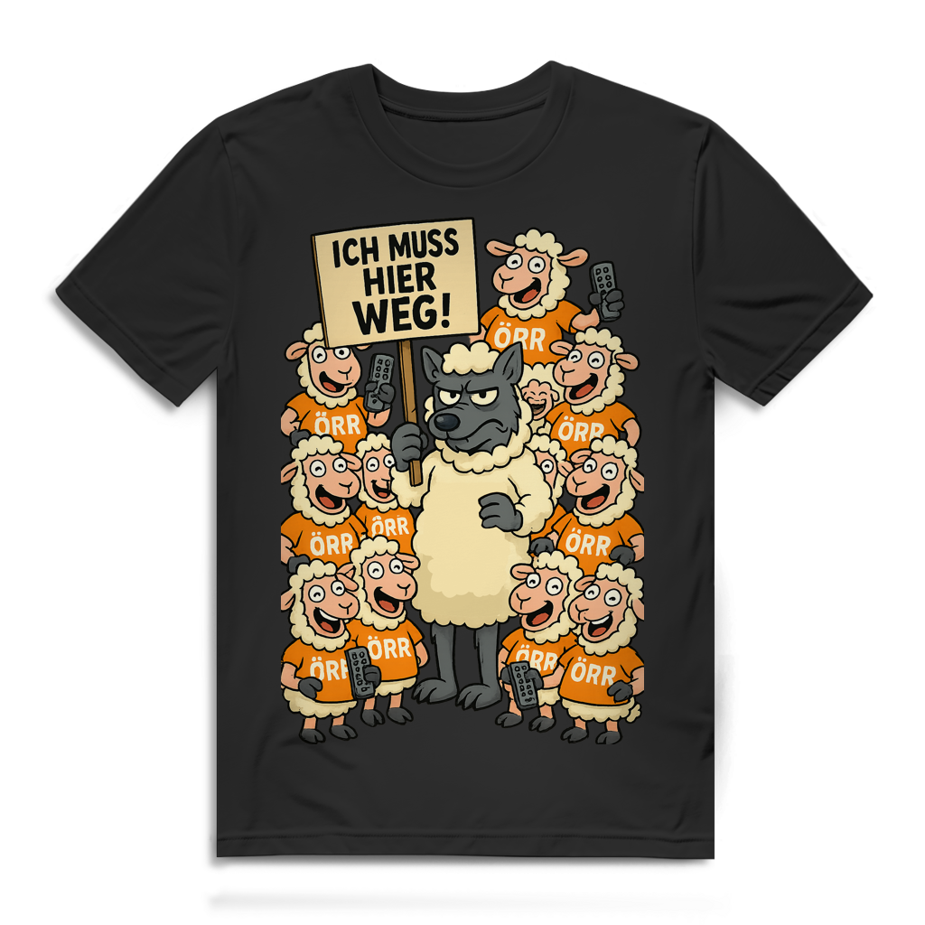 Ich muss hier weg! Herren T-Shirt Wolf Schaf Medienkritik Satire Black