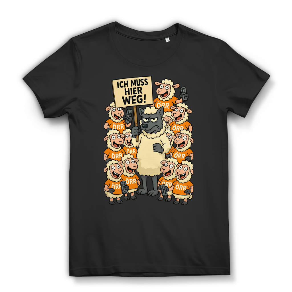 Ich muss hier weg! Damen T-Shirt Wolf Schaf Medienkritik Satire Black