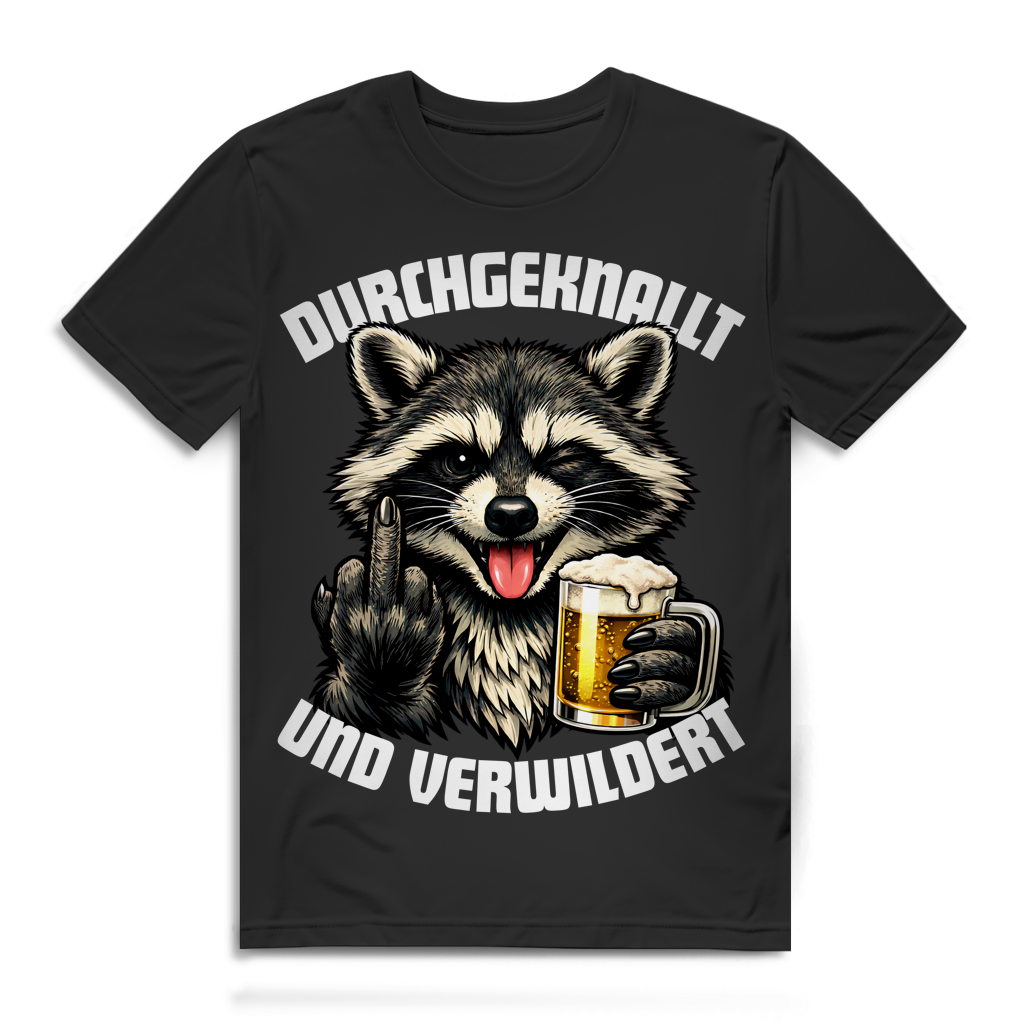 Durchgeknallt und Verwildert Herren T-Shirt Waschbär Bier Mittelfinger Black