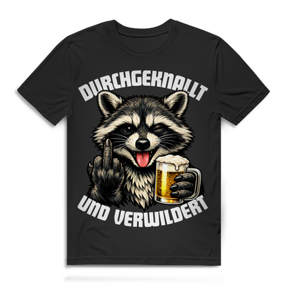 Durchgeknallt und Verwildert Herren T-Shirt Waschbär Bier Mittelfinger Black