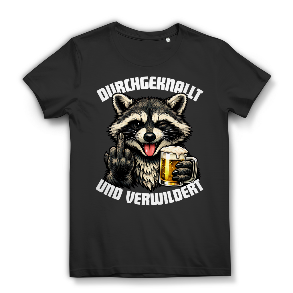Durchgeknallt und Verwildert Damen T-Shirt Waschbär Bier Mittelfinger Black