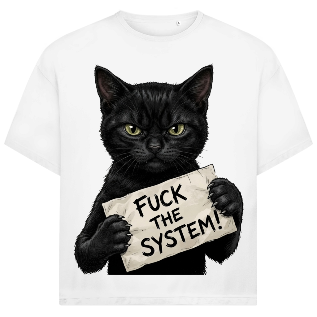 Jack &amp; Jones Oversize Schwarze Katze Fuck The System Herren T-Shirt White