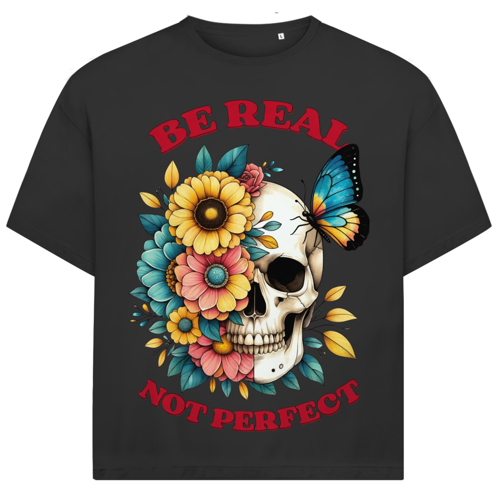 Jack &amp; Jones Oversize Be Real Not Perfect Blumen Totenkopf Herren T-Shirt Black