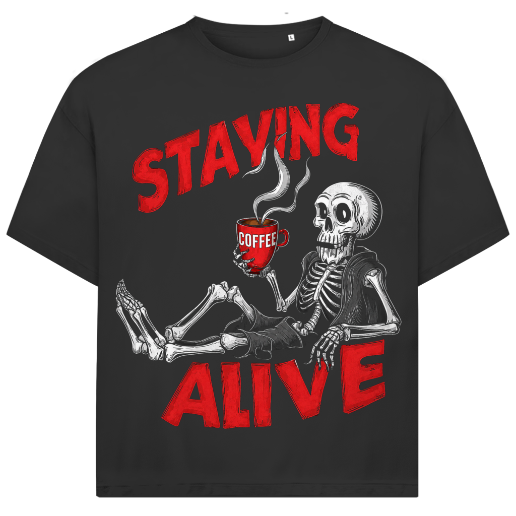 Jack &amp; Jones Herren T-Shirt Staying Alive Coffee Skull Humor Oversized