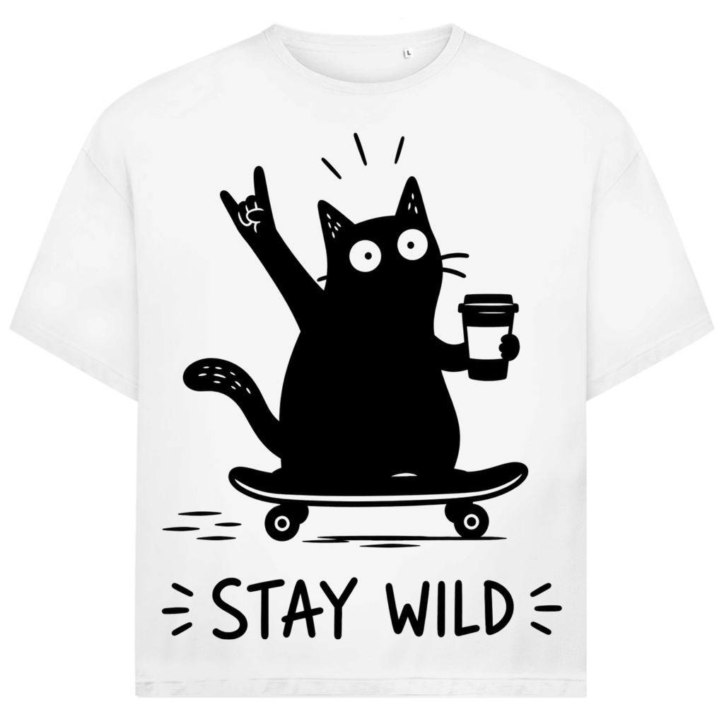 Jack &amp; Jones Herren T-Shirt Stay Wild Skateboard Katze Oversized
