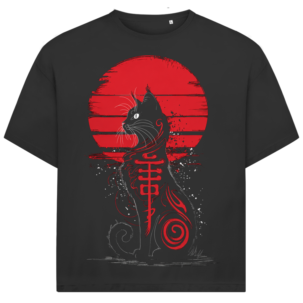 Jack &amp; Jones Herren T-Shirt Schwarze Katze Roter Mond Oversized