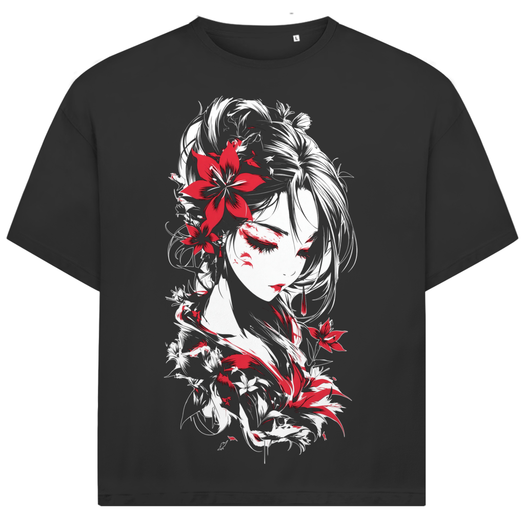 Jack &amp; Jones Herren T-Shirt Japanische Frau Rote Lilien Tusche Oversized