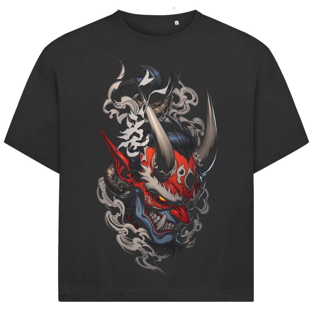 Jack &amp; Jones Herren T-Shirt Rote Oni Maske Dämonenblick Rauch Oversized