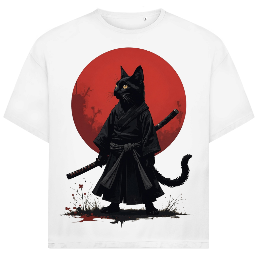 Jack &amp; Jones Herren T-Shirt Samurai Katze Rote Sonne Katana Oversized