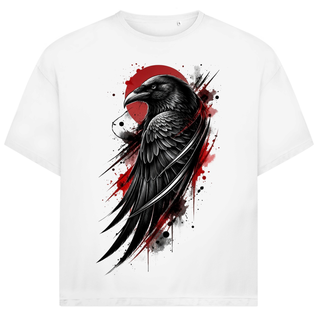 Jack &amp; Jones Herren T-Shirt Schwarzer Rabe Rote Sonne Ink Art Oversized