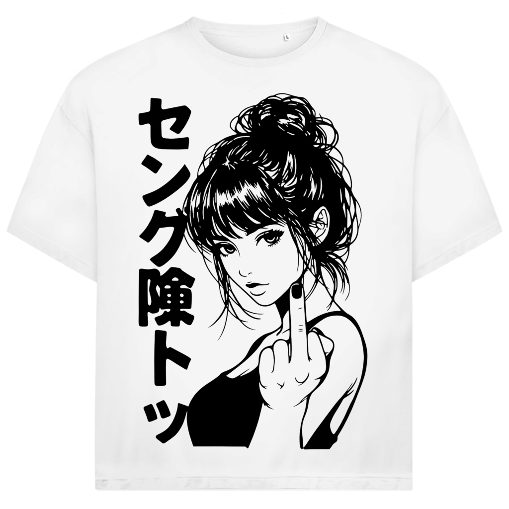 Jack &amp; Jones Herren T-Shirt Anime Girl Mittelfinger Kanji Oversized