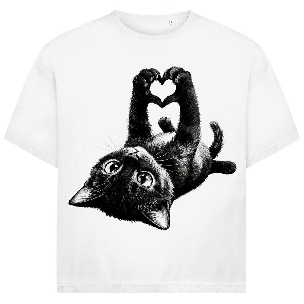 Jack &amp; Jones Herren T-Shirt Schwarze Katze Herz Pfoten Cute Cat Oversized