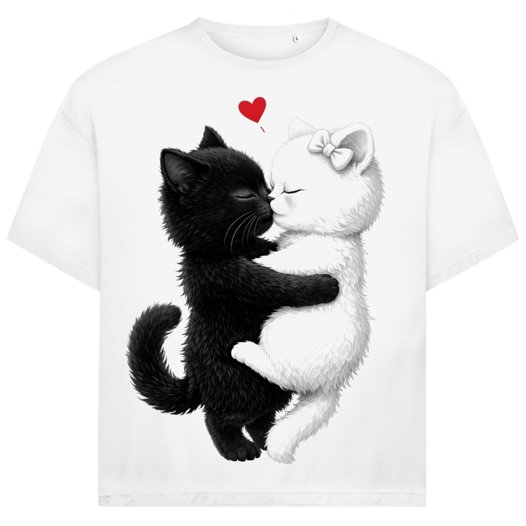 Jack &amp; Jones Herren T-Shirt Katzenkuss Schwarz Weiß Herz Love Cats