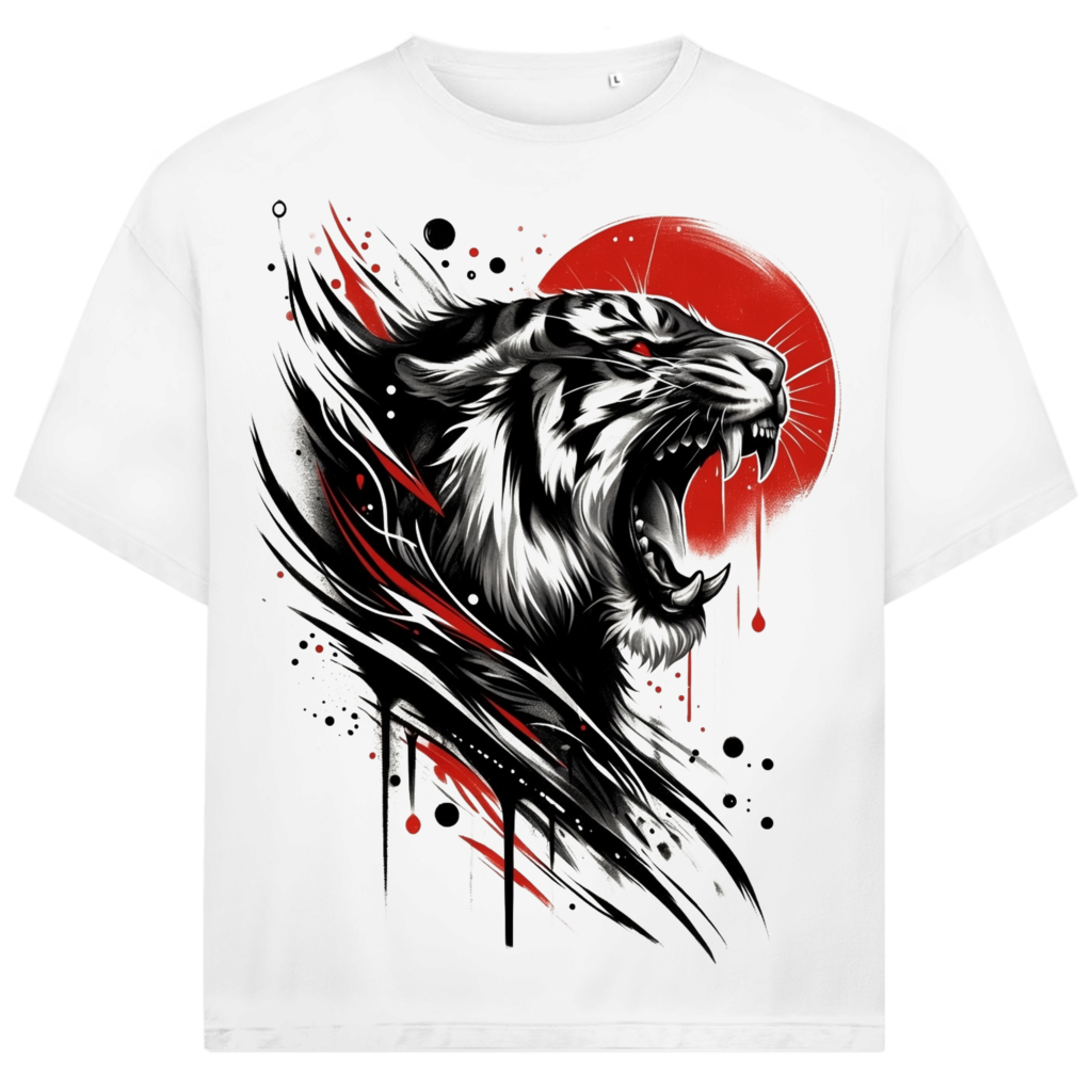 Jack &amp; Jones Herren T-Shirt Brüllender Tiger Rote Sonne Splash Oversized