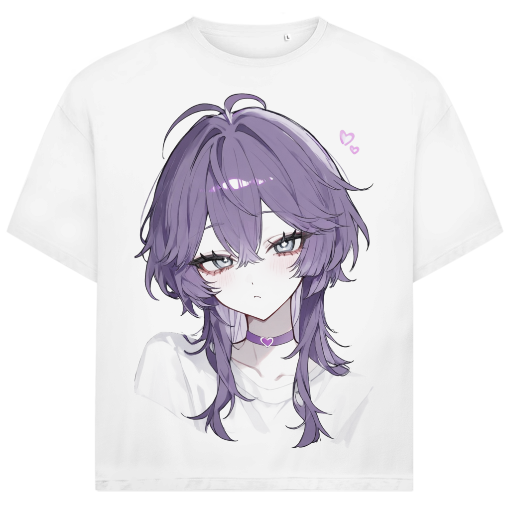 Jack &amp; Jones Herren T-Shirt Anime-Mädchen Lila Haare Herz-Choker Oversized