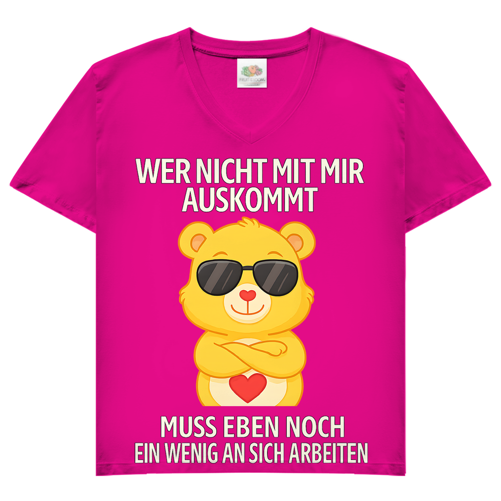 Damen V-Neck T-Shirt Muss an sich Arbeiten Glücksbärchi Fuchsia