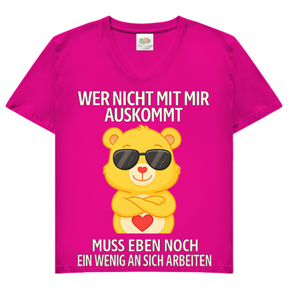 Damen V-Neck T-Shirt Muss an sich Arbeiten Glücksbärchi Fuchsia