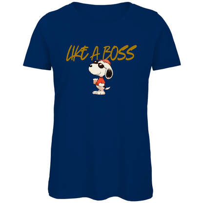 Peanuts Snoopy mit Bier Like a Boss - Damen Premium Bio T-Shirt Navy