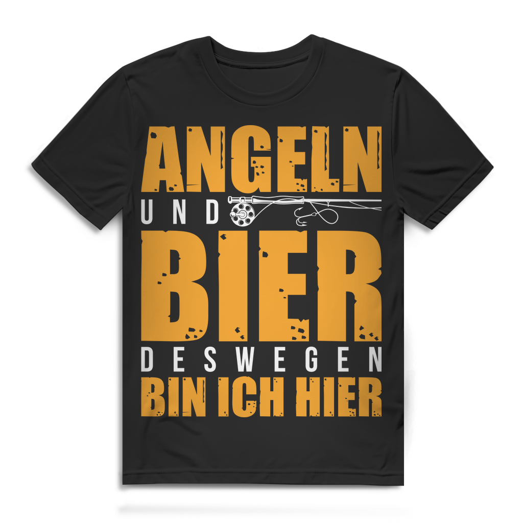 Angeln und Bier – deswegen bin ich hier T-Shirt für Männer Fischer