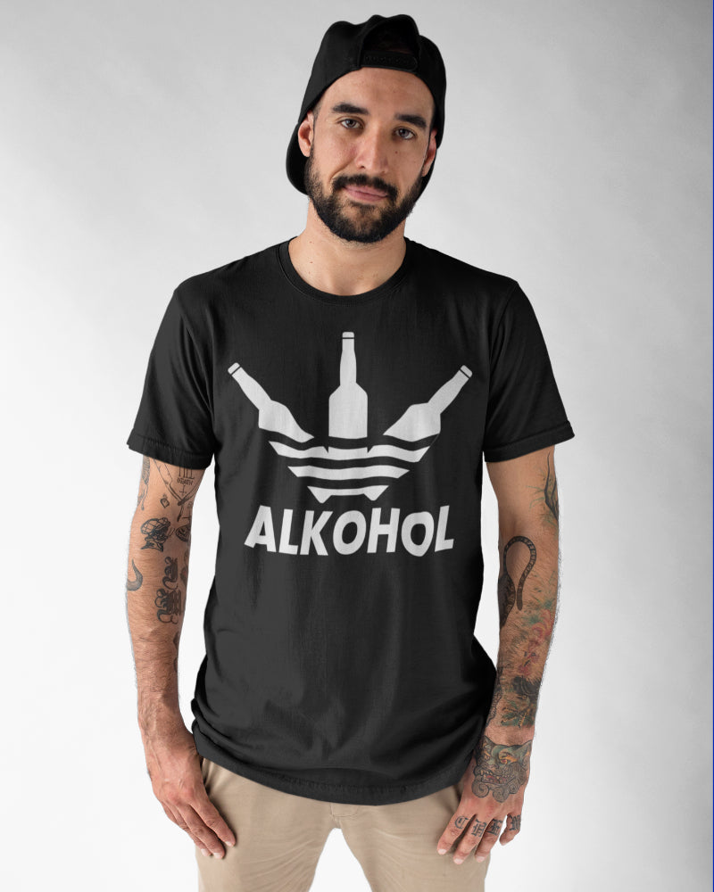 Lustiges Parodie Shirt Herren Flaschen und Schriftzug Alkohol Bio Baumwolle